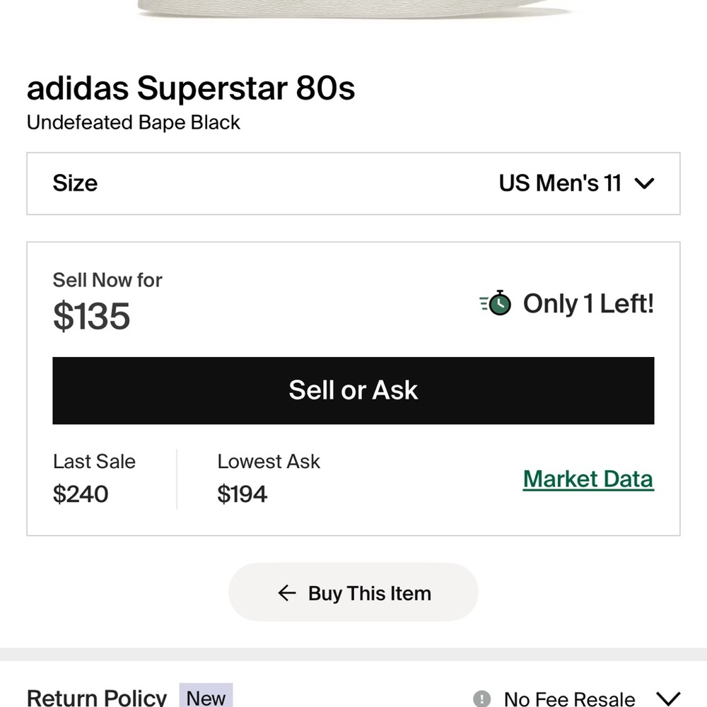 Adidas Superstar 80s Undefeated Bape Black Sneakers size 11